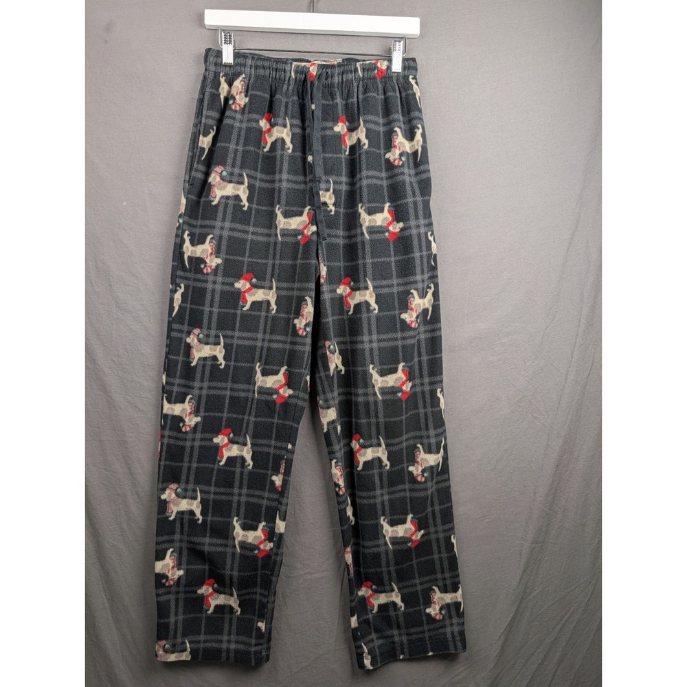 Stafford Mens‎ Small Fleece Pajama Sleep Pants Gray Plaid Holiday Dog Print